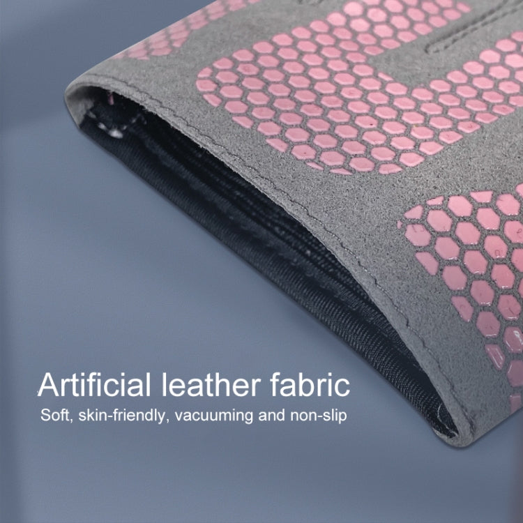 Gray palm protector with pink hex-pattern anti-slip grip and faux leather fabric.