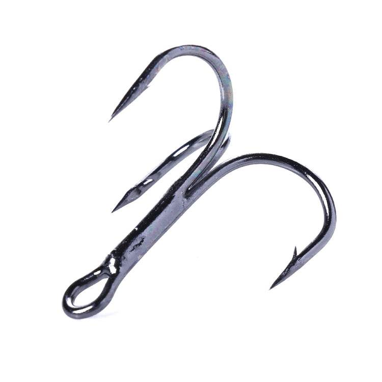 Set of black three-jaw treble fishing hooks with sharp barbed tips