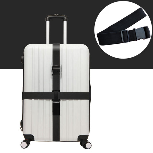 Black elastic telescopic luggage packing strap around a wheeled suitcase body