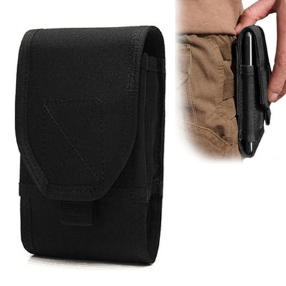 Black nylon pocket wallet with front flap and belt loop, card and phone slot design
