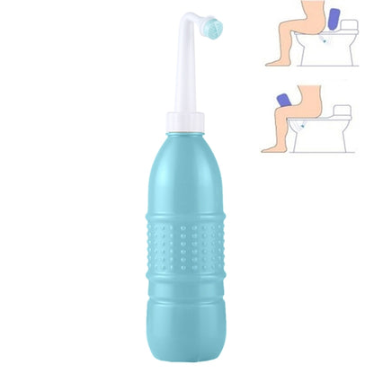 Portable handheld travel bidet sprayer, teal bottle with squeeze handle and spray nozzle