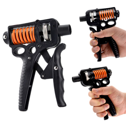 Adjustable hand grip strengthener with black handles and orange spring coils