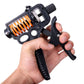 Adjustable hand grip strength tool held in hand, black frame and orange spring