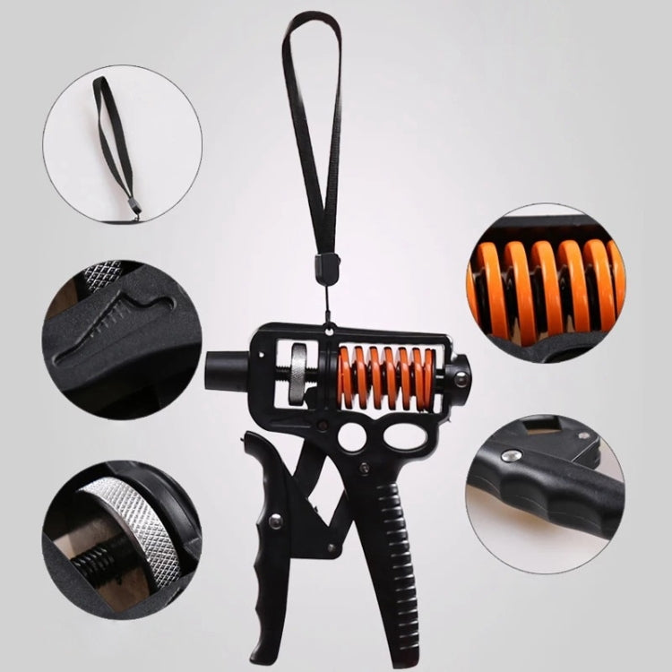 Black adjustable hand grip trainer with orange spring coils and wrist strap