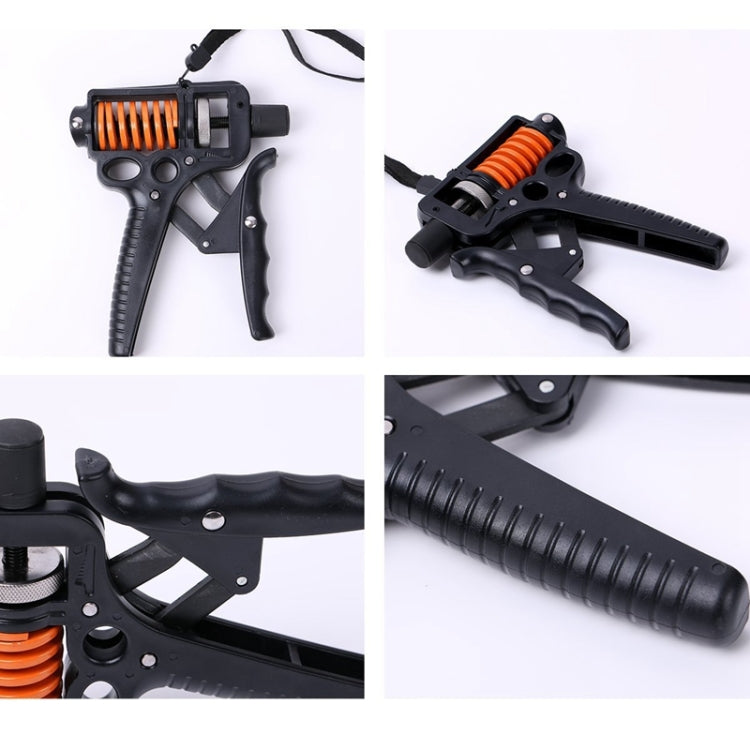 Adjustable hand grip strengthener, black design with orange coil spring detail