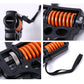 Close-up of adjustable hand grip trainer showing orange spring coil and black frame