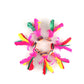 5 colorful shuttlecocks fanned out, green feather leaves with bright pink and yellow plumes