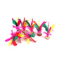 Group of colorful feather shuttlecocks, green leaves with bright pink, red and yellow plumes