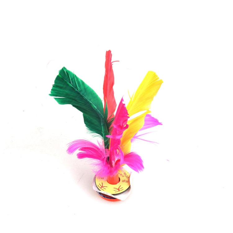Single colorful feather shuttlecock with yellow base and green, pink and yellow feathers