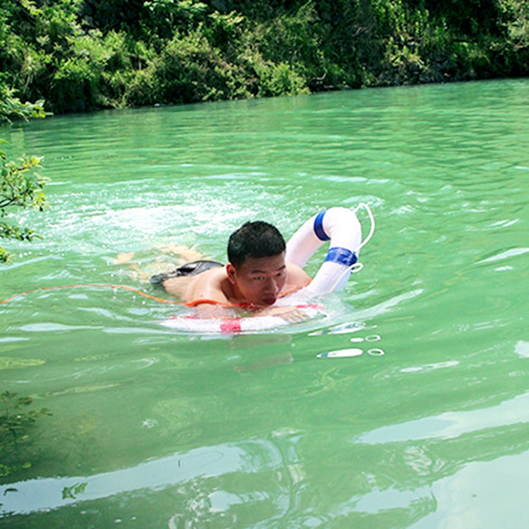 Swimmer using a white foam swim ring with blue bands in a pool