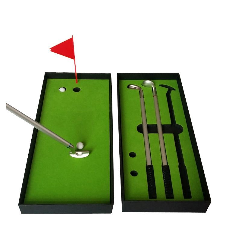 Mini putting mat trainer with green lanes, putter rods and red alignment flag