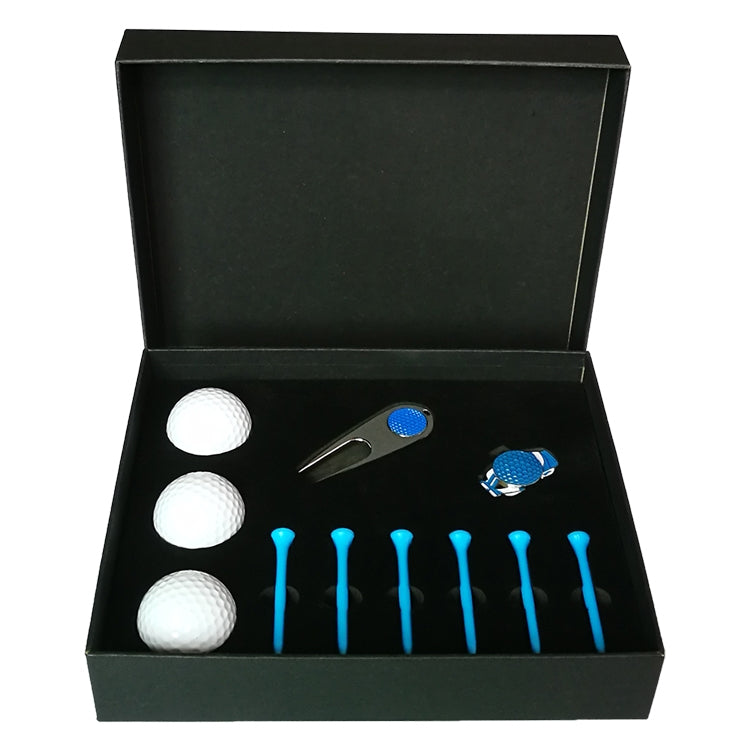 Golf tee gift box set with 3 white balls, blue tees, divot tool, and ball marker