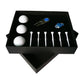 Golf tee gift box set with 3 white balls, white tees, divot tool, and ball marker