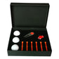 Golf tee gift box set with 3 white balls, red tees, divot tool, and ball marker in box