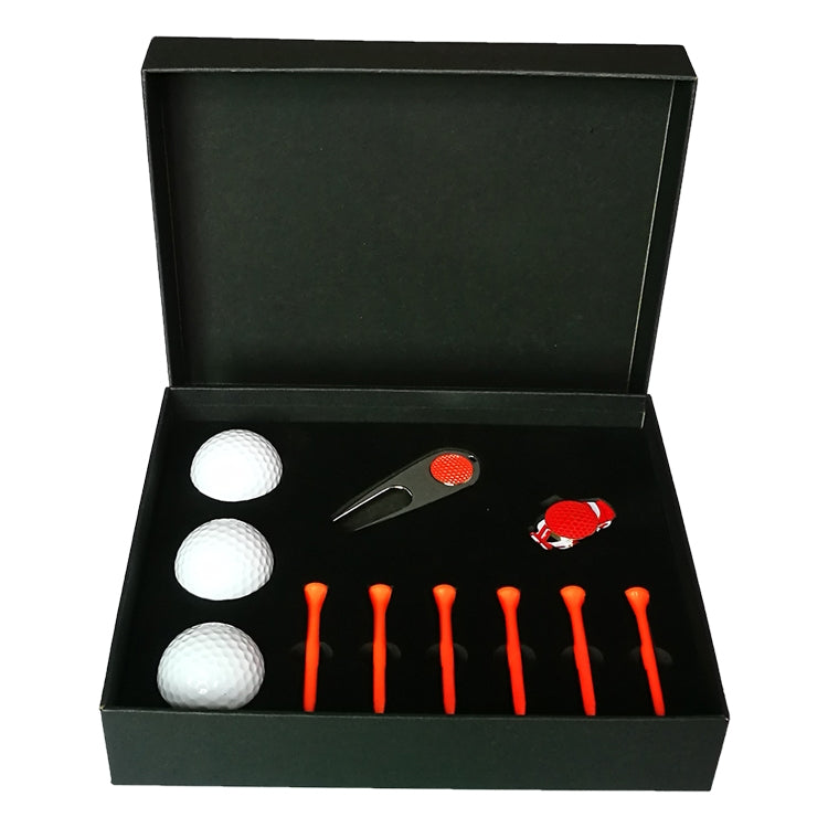 Golf tee gift box set with 3 white balls, red tees, divot tool, and ball marker in box