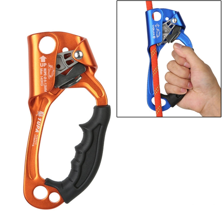 Orange handheld rope gripper with black grip handle; inset shows blue unit in use