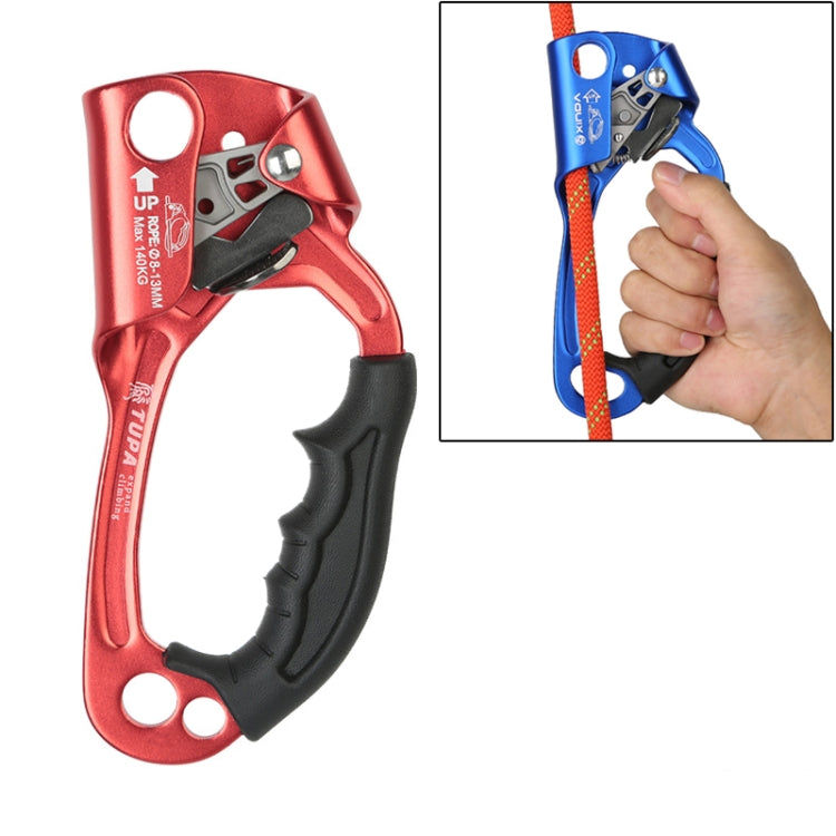 Red handheld rope gripper anti-fall device with black grip handle and safety latch