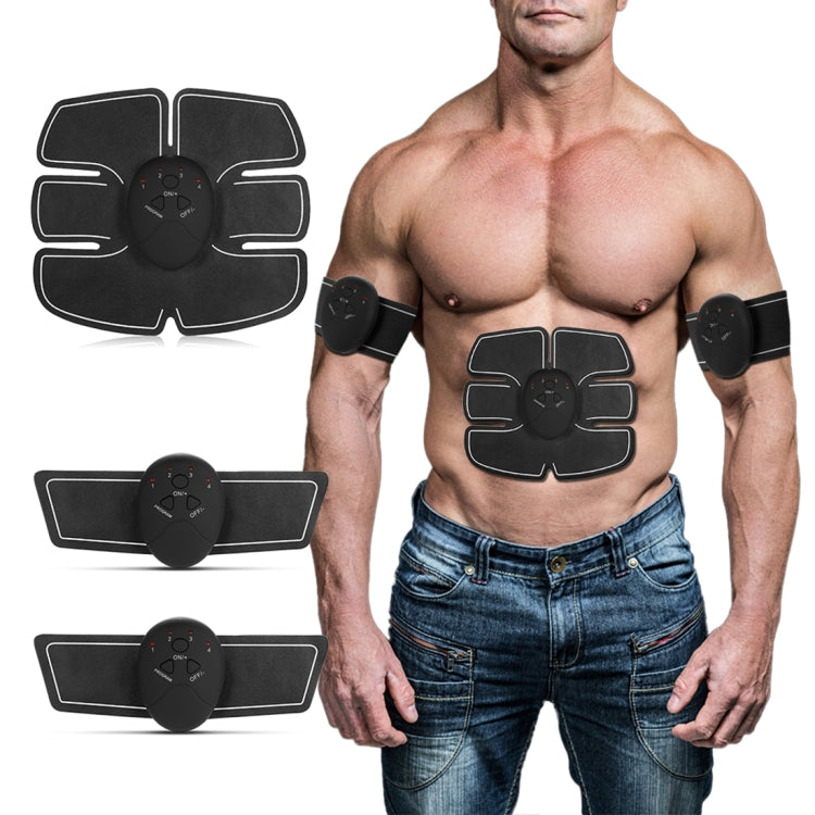 EMS electrode muscle stimulator kit with controller and chest/arm pads on a man