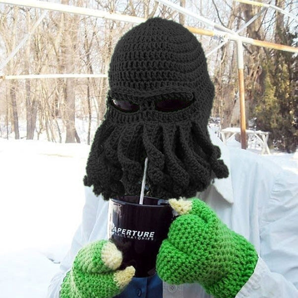 Black octopus knit beanie with face mask and curled tentacle details