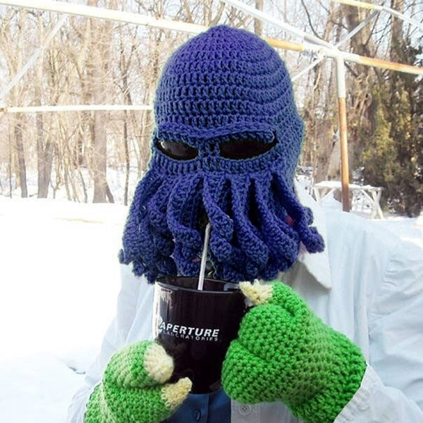 Dark blue octopus knit beanie with face mask and curled tentacle details