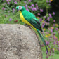 Green simulation parrot decoration perched on a rounded stone, long tail pointing down