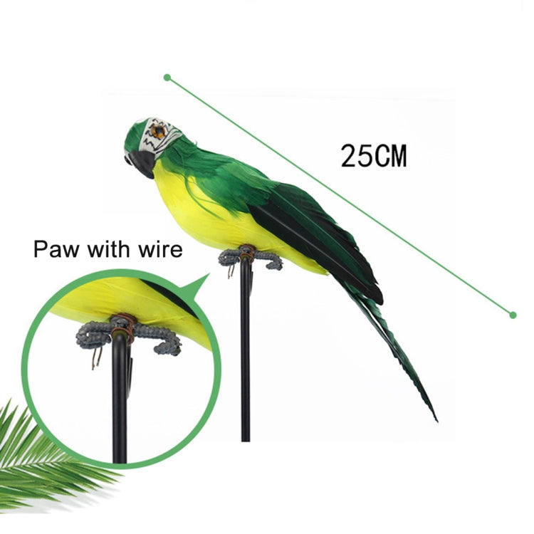 Green simulation parrot decoration on a black wire stand, shown in full length