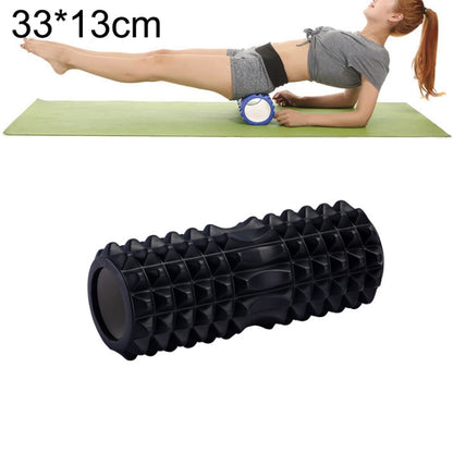 Black EVA crescent massage roller with diamond-bump texture, 33 x 13 cm