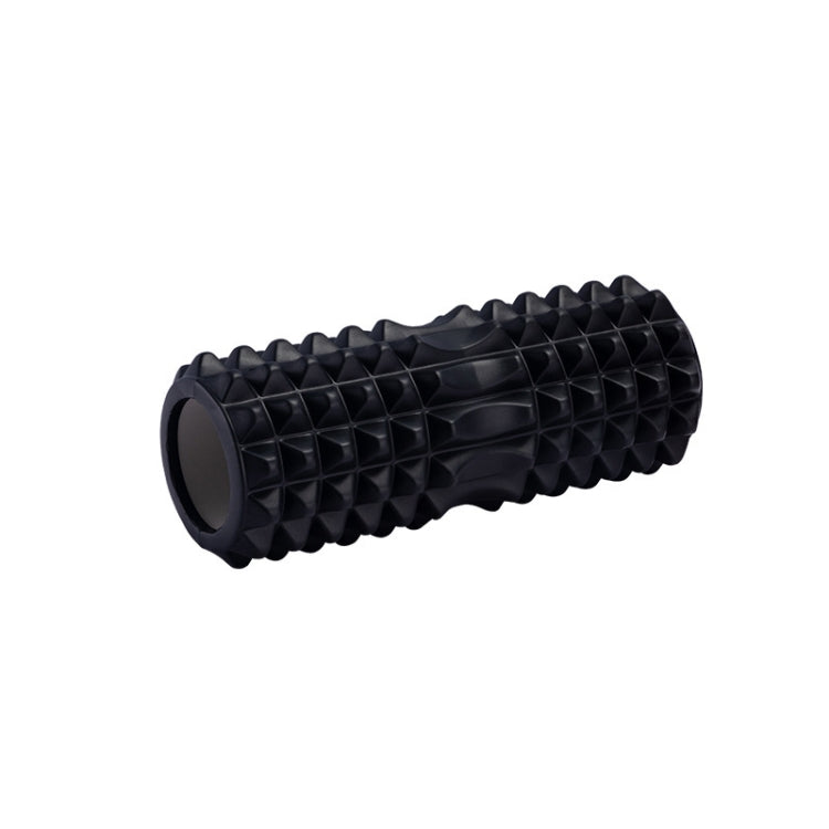 Black EVA crescent massage roller with diamond-bump texture, 33 x 13 cm
