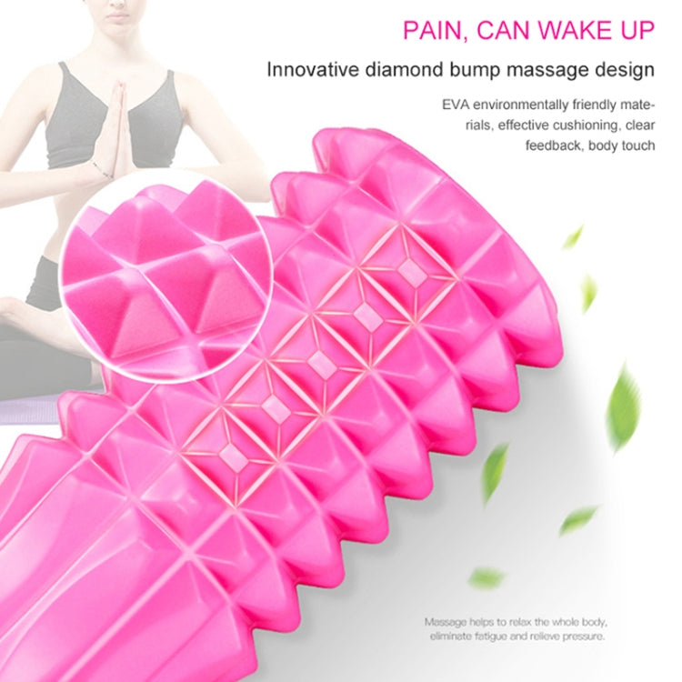 Pink EVA crescent massage roller with raised diamond-bump massage pattern