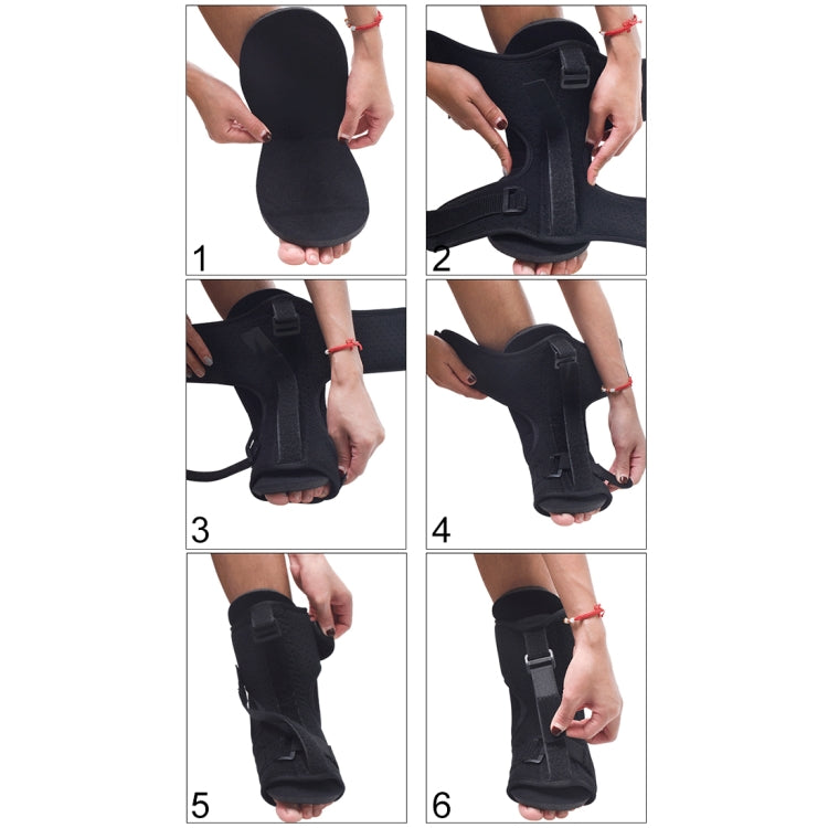Black foot splint with firm Velcro closure and cushioned heel pad