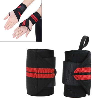 Pair of black elastic wrist wraps with red striped bands and fabric hook loop closure