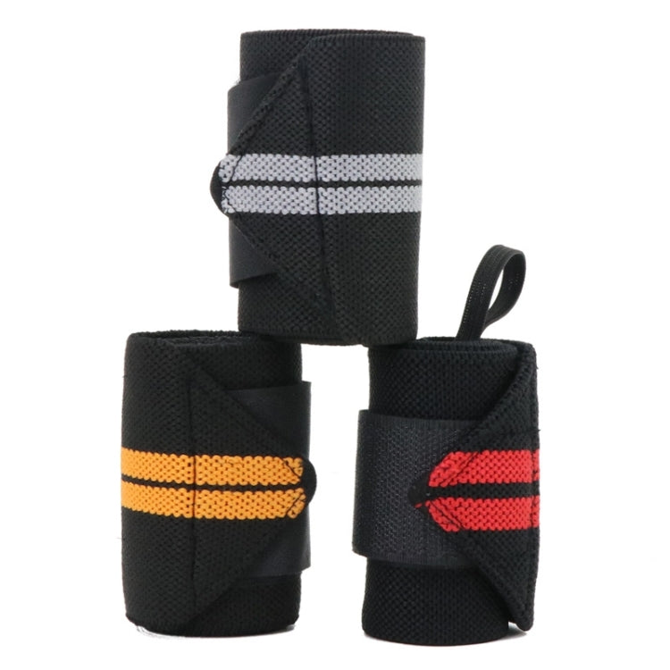 Pair of black elastic wrist wraps with white and red striped bands and loop strap