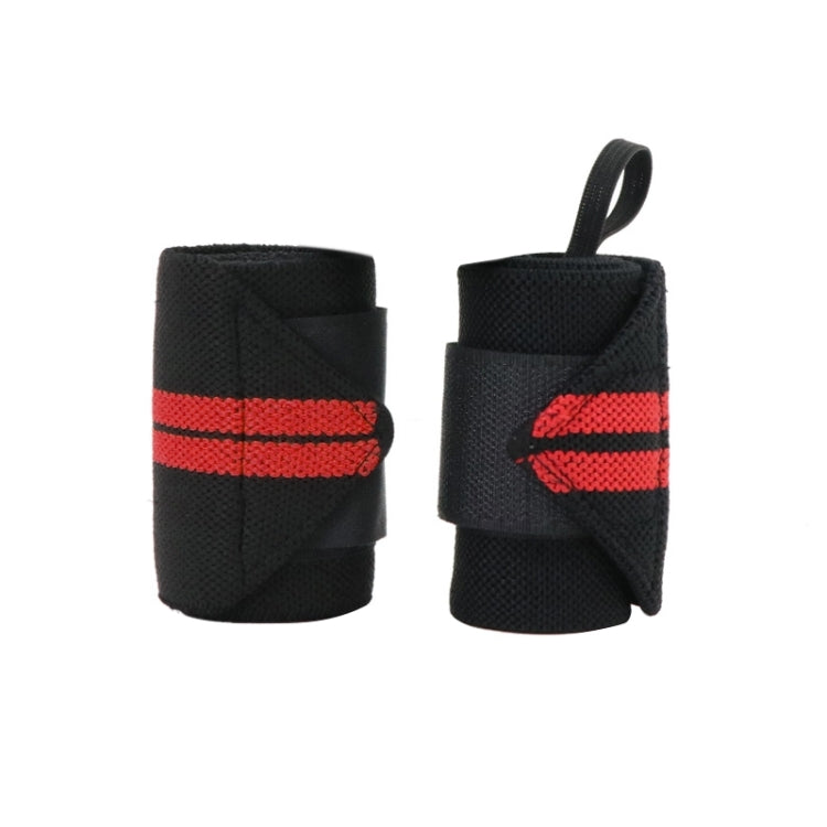 Pair of black elastic wrist wraps with red striped band and fabric hook loop closure