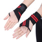 Two black elastic wrist wraps with red triple stripes worn on hands and forearms