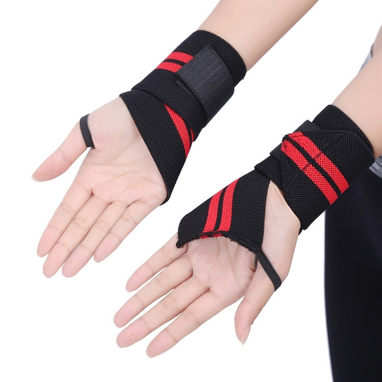 Two black elastic wrist wraps with red triple stripes worn on hands and forearms