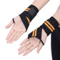 Two black elastic wrist wraps with orange triple stripes worn on hands and forearms