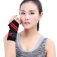 Black elastic wrist wrap with red triple stripes worn on one wrist by a woman