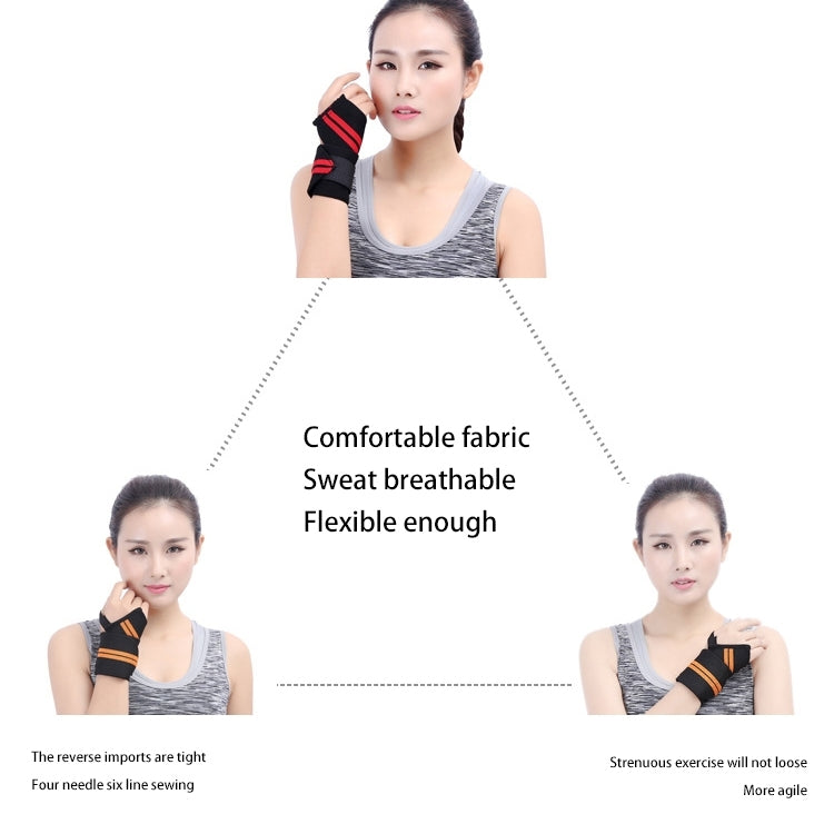 Woman wearing black elastic wrist wraps with red triple stripes on raised arm