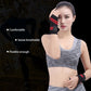 Woman wearing black elastic wrist wraps with red triple stripes, one on each wrist
