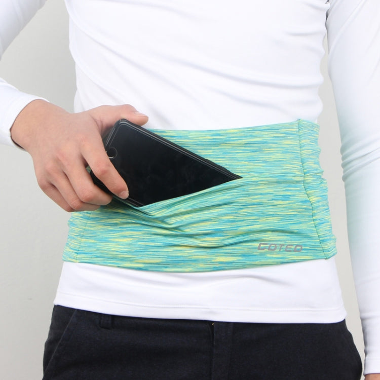 Light blue patterned stretch waist pocket bag holding a smartphone in place