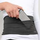 Dark gray stretch waist pocket bag holding a smartphone inside the elastic pocket