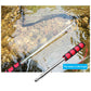 Telescopic stainless steel teaching flag pole with red rubber grip near water