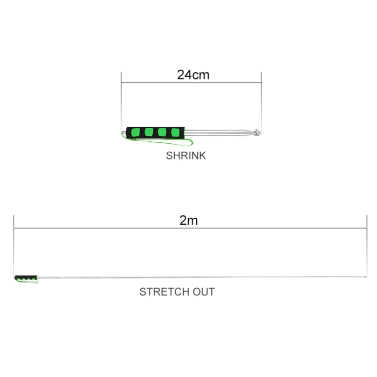 Telescopic teaching stick diagram showing 2 m length and 24 cm shrunk size