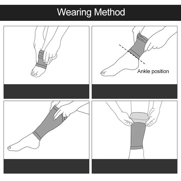 Wearing method diagram showing knee brace placement on leg and ankle