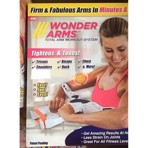Arm strength training device retail box showing pictured woman using the trainer