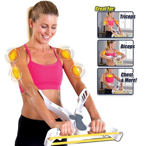 Arm strength training device worn on forearms with white straps and yellow resistance band