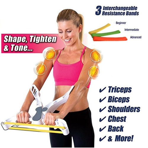 Arm strength training device with three interchangeable resistance bands and training use