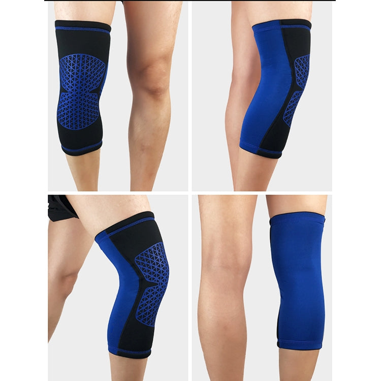 Blue knee sleeves set with mesh panels; front and side views.