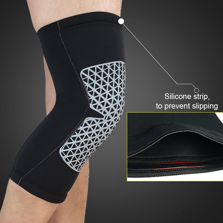 Black knee brace with white mesh panel and silicone anti-slip trim.