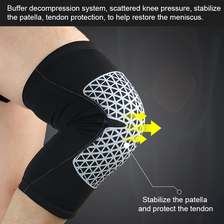 Black knee brace with white mesh panel and stabilizing support zone.